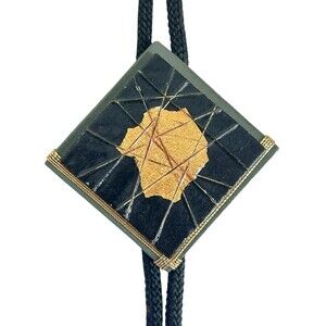 Artistic Handmade Bolo Tie Modern Design Olive Green Black Metallic Gold